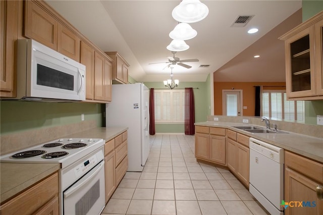 106 Fieldstone, Victoria, TX 77901 - kitchen featuring white appliances, light brown cabinetry, light countertops, light tile patterned flooring, and a ceiling fan