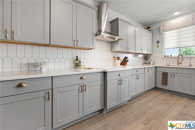 kitchen featuring gray cabinets, wall chimney range hood, sink, and tasteful backsplash