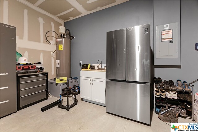 interior space with electric water heater, sink, and electric panel