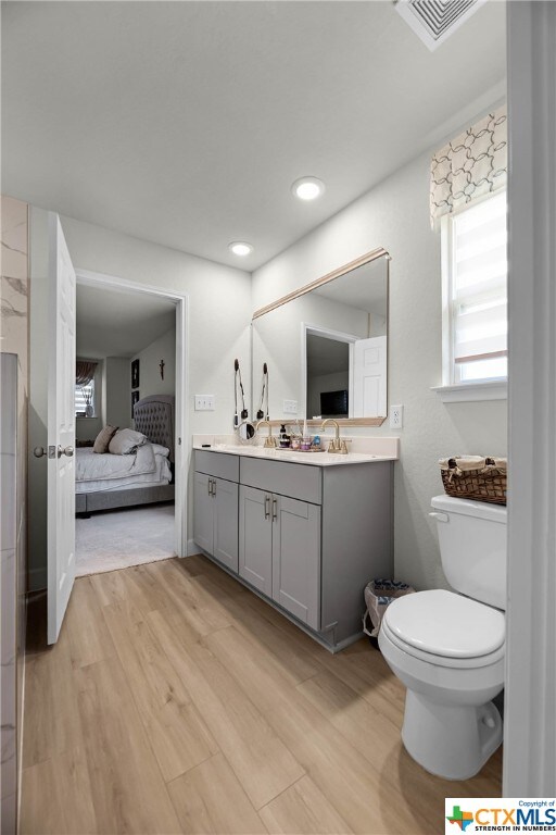 bathroom with wood-type flooring, toilet, and vanity