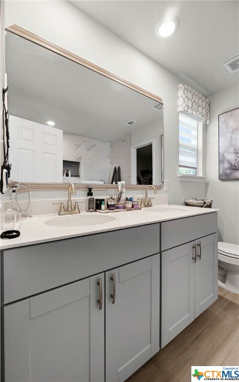 bathroom featuring wood-type flooring, vanity, toilet, and tasteful backsplash