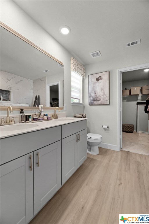 bathroom featuring vanity, hardwood / wood-style flooring, and toilet