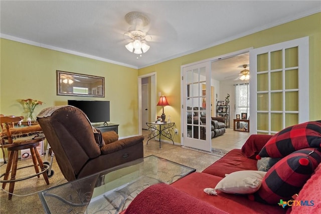 2080 Allison Rd, Martindale, TX 78655 - living room featuring crown molding, ceiling fan, and french doors