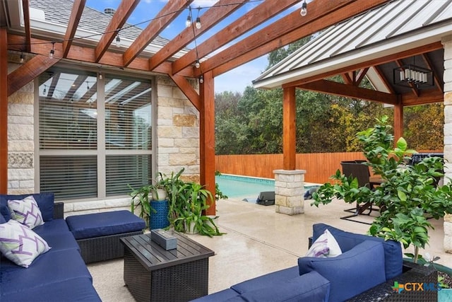 view of patio / terrace with a pergola, a fenced in pool, and an outdoor hangout area