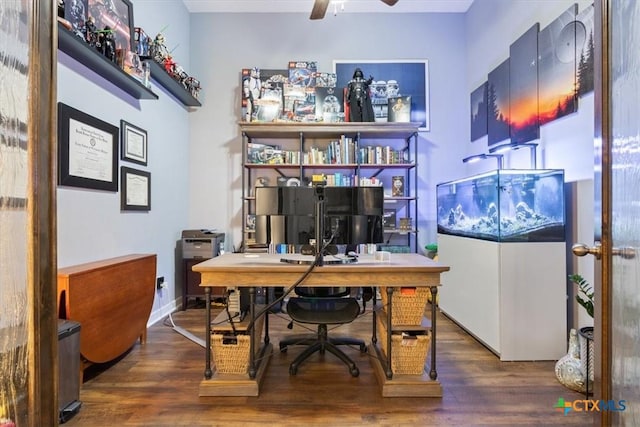 office area with dark hardwood / wood-style floors and ceiling fan