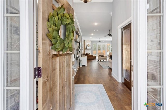 entrance foyer featuring dark hardwood / wood-style flooring and ceiling fan