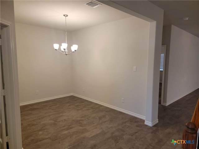 unfurnished dining area with a notable chandelier, visible vents, baseboards, and dark wood-style flooring