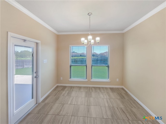 unfurnished dining area featuring crown molding and a notable chandelier