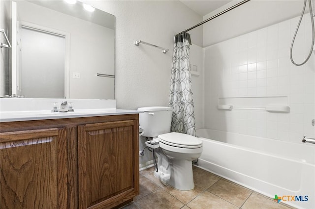 full bath with shower / bath combination with curtain, vanity, toilet, and tile patterned floors