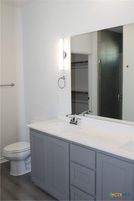 bathroom featuring toilet, vanity, and hardwood / wood-style flooring