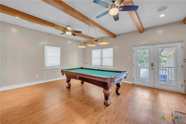 playroom featuring wood finished floors, pool table, ceiling fan, and french doors