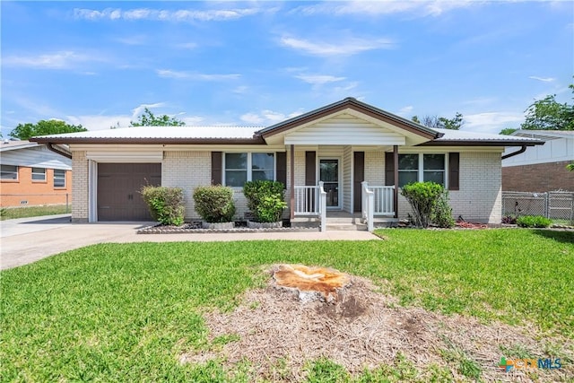 ranch-style house featuring a porch, concrete driveway, brick siding, and a garage