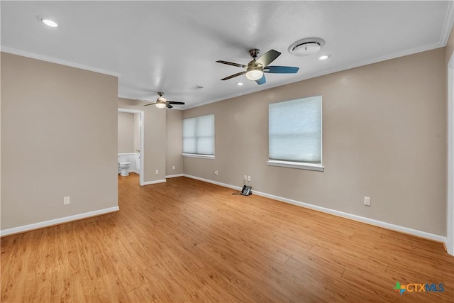 unfurnished room featuring a ceiling fan, baseboards, recessed lighting, and crown molding