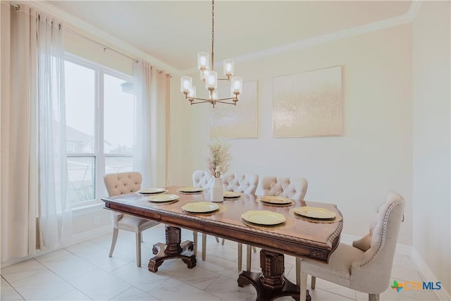 tiled dining room with ornamental molding and a chandelier