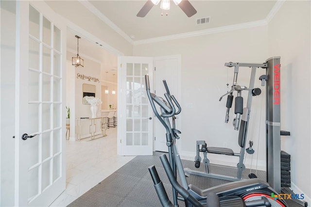 workout room with light tile patterned floors, french doors, ornamental molding, and ceiling fan