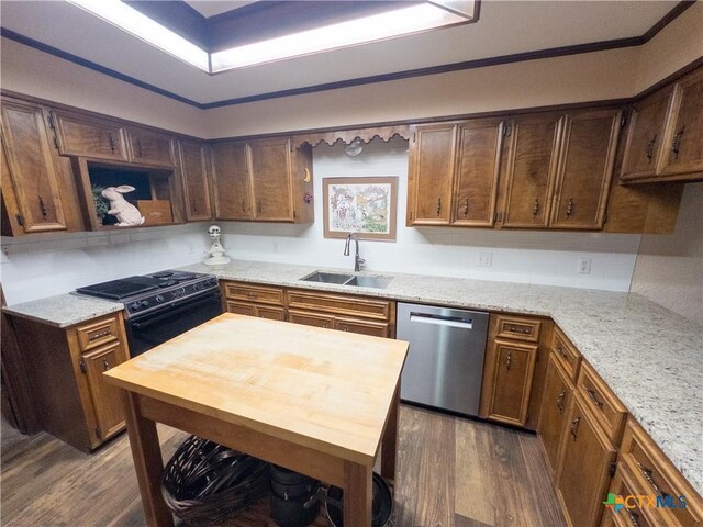kitchen with a sink, stainless steel dishwasher, electric range, and dark wood-style flooring