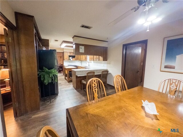 dining area featuring wood finished floors and ceiling fan
