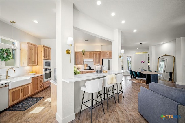 kitchen featuring a breakfast bar area, appliances with stainless steel finishes, open floor plan, a sink, and light wood-type flooring