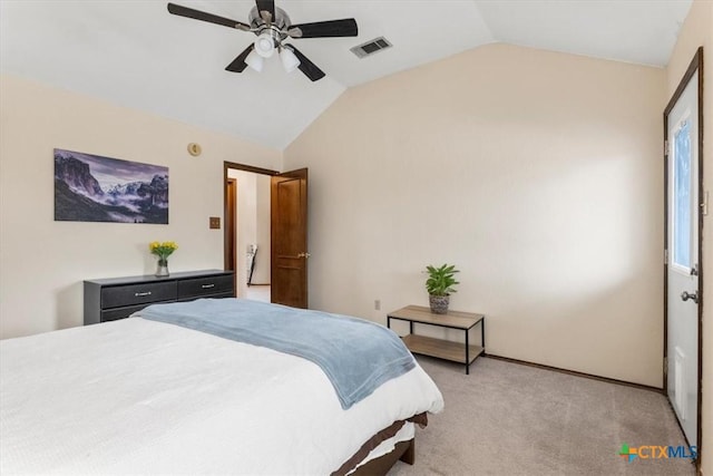 carpeted bedroom with lofted ceiling and ceiling fan