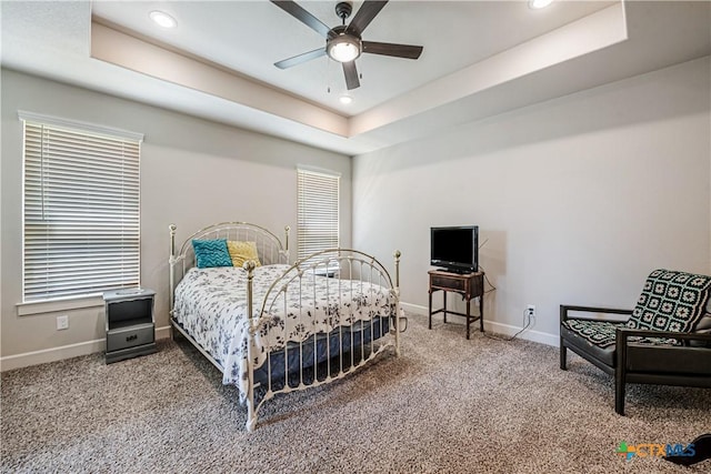 8508 Mount Nebo Cir, Belton, TX 76513 - carpeted bedroom featuring a raised ceiling, baseboards, recessed lighting, and a ceiling fan