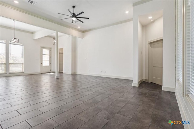 124 Cumberland Dr, Belton, TX 76513 - unfurnished living room featuring visible vents, baseboards, ornamental molding, and ceiling fan