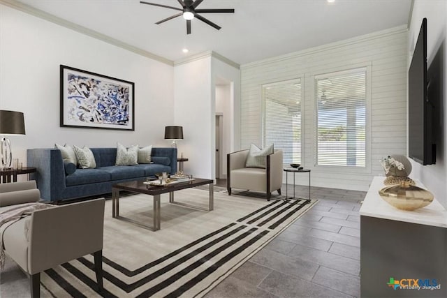 124 Cumberland Dr, Belton, TX 76513 - living room featuring crown molding and ceiling fan