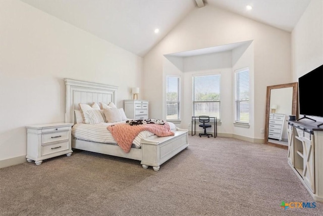 124 Cumberland Dr, Belton, TX 76513 - bedroom with light colored carpet, high vaulted ceiling, beamed ceiling, and recessed lighting
