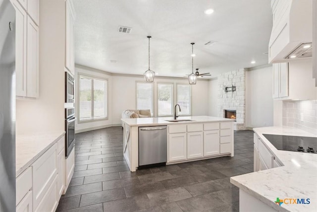 124 Cumberland Dr, Belton, TX 76513 - kitchen with open floor plan, premium range hood, appliances with stainless steel finishes, and a sink
