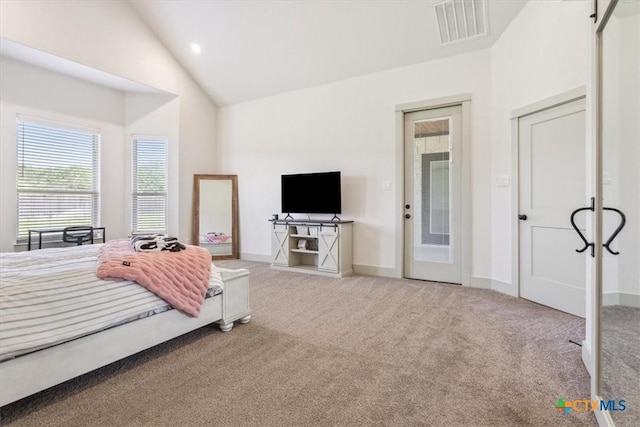 124 Cumberland Dr, Belton, TX 76513 - carpeted bedroom with high vaulted ceiling, access to exterior, visible vents, and baseboards