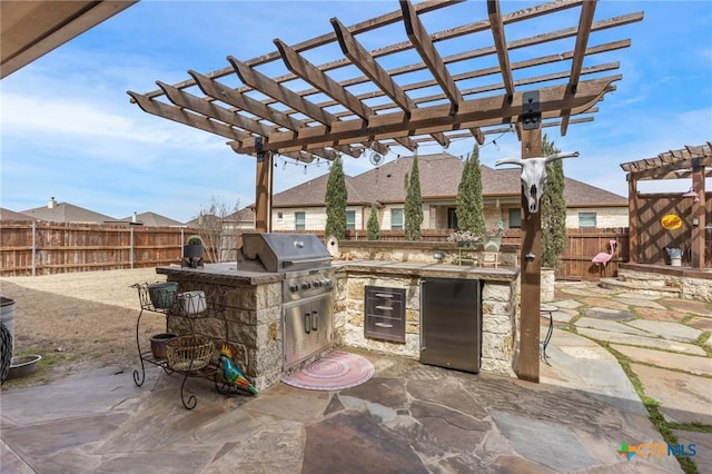 view of patio / terrace with an outdoor kitchen, area for grilling, a fenced backyard, and a pergola