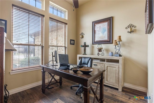 office area featuring dark wood finished floors and baseboards