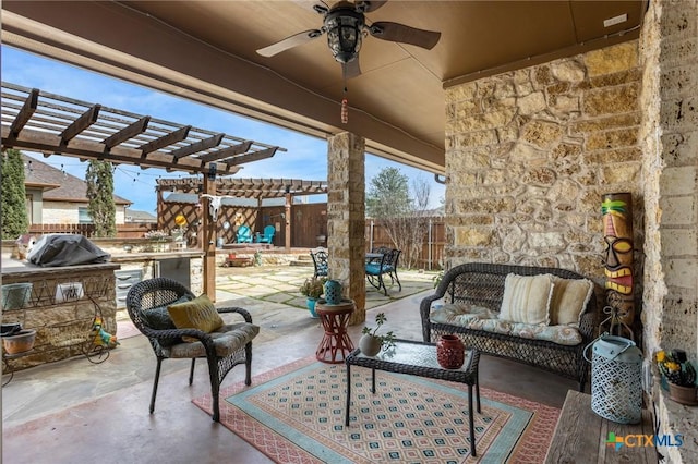 view of patio / terrace with fence, an outdoor kitchen, an outdoor living space, outdoor dining area, and a pergola