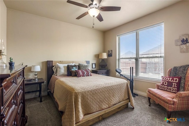 bedroom featuring carpet, baseboards, and ceiling fan