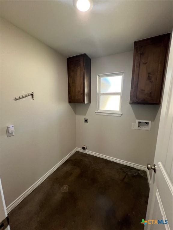 laundry room with cabinet space, hookup for an electric dryer, hookup for a washing machine, and baseboards