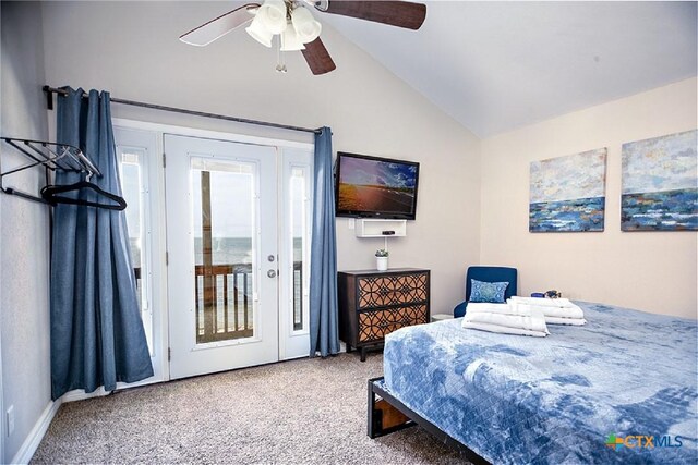1265 N Ocean Dr, Port Lavaca, TX 77979 - bedroom with lofted ceiling, a ceiling fan, carpet, and access to exterior