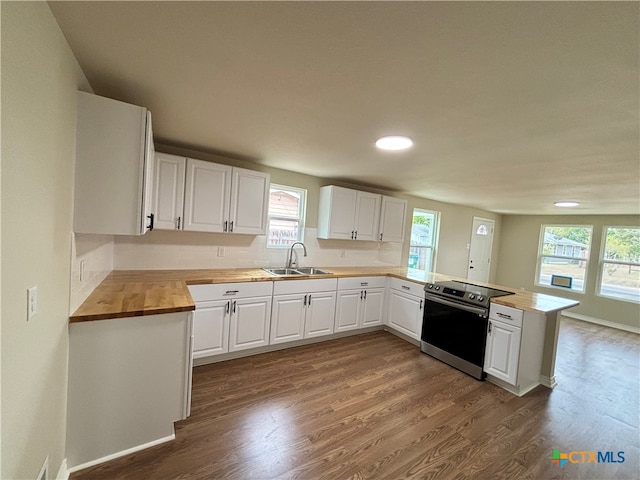 kitchen with kitchen peninsula, wood counters, sink, electric stove, and white cabinetry