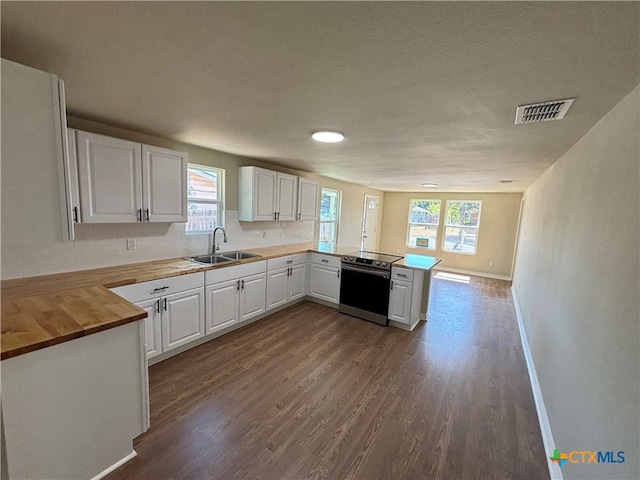 kitchen featuring white cabinetry, sink, wood counters, kitchen peninsula, and electric stove