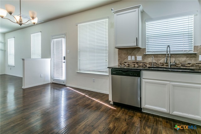 kitchen with sink, decorative light fixtures, white cabinets, dark wood-type flooring, and dishwasher