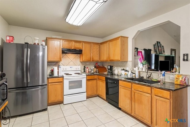 5407 Whistle Stop Dr, Temple, TX 76502 - kitchen with freestanding refrigerator, electric range, dishwasher, under cabinet range hood, and a sink