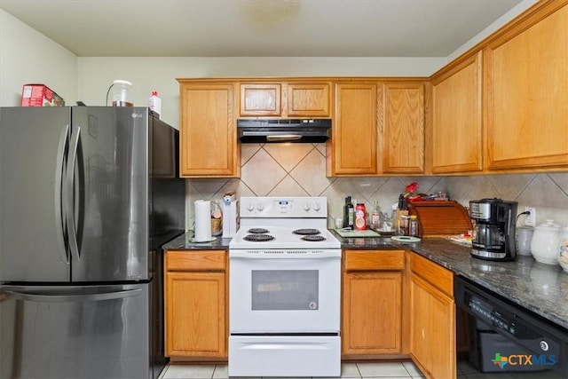 5407 Whistle Stop Dr, Temple, TX 76502 - kitchen with freestanding refrigerator, under cabinet range hood, white range with electric stovetop, black dishwasher, and decorative backsplash