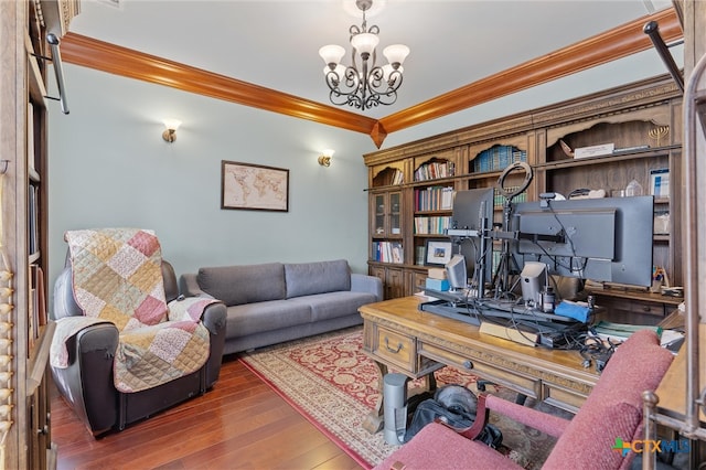 office featuring crown molding, dark wood-type flooring, and a chandelier