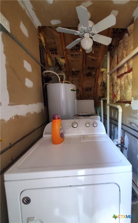 laundry area with washer / dryer, ceiling fan, and water heater