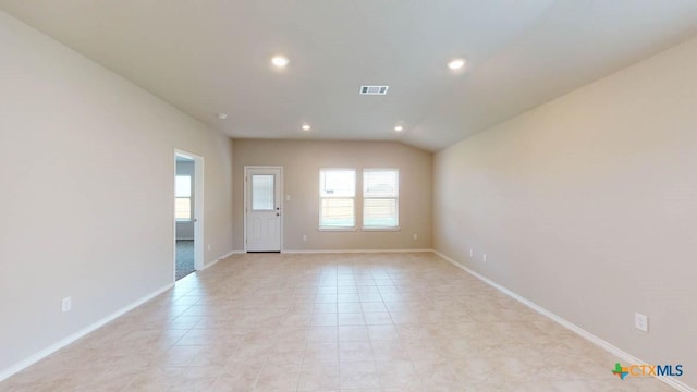 unfurnished room with baseboards, light tile patterned flooring, visible vents, and recessed lighting