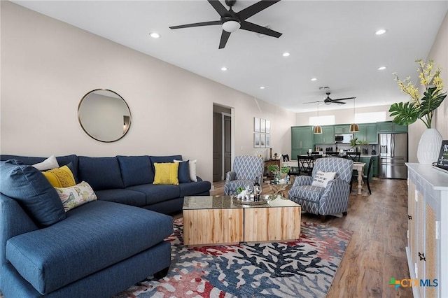 121 Bufflehead Ln, Rockport, TX 78382 - living room with ceiling fan, recessed lighting, and dark wood-style floors