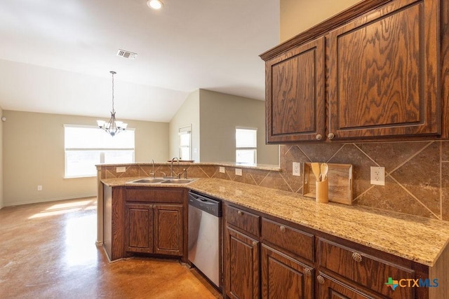 kitchen featuring tasteful backsplash, lofted ceiling, visible vents, stainless steel dishwasher, and a sink