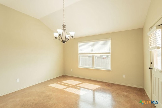 spare room featuring vaulted ceiling, baseboards, and an inviting chandelier