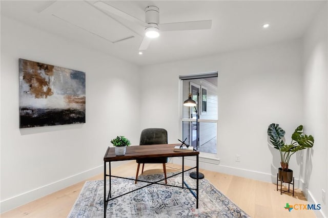 home office with wood finished floors, baseboards, a ceiling fan, and recessed lighting