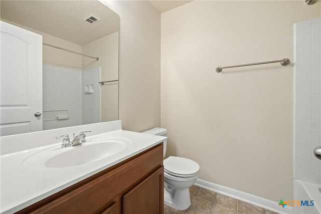 full bathroom with baseboards, visible vents, toilet, tile patterned flooring, and vanity