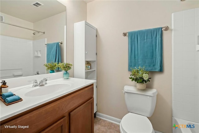 bathroom with bathing tub / shower combination, visible vents, toilet, vanity, and tile patterned floors