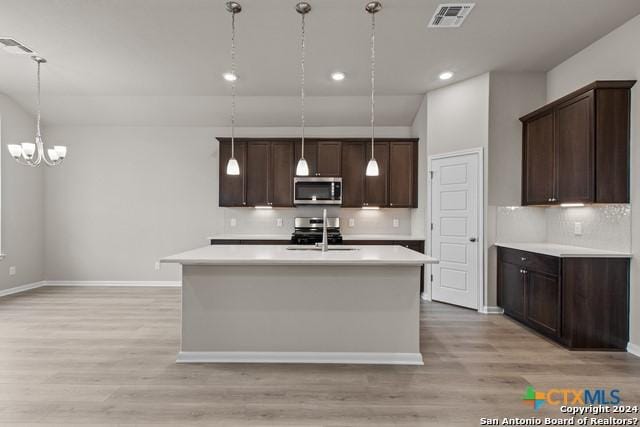 kitchen featuring appliances with stainless steel finishes, pendant lighting, sink, a kitchen island with sink, and dark brown cabinets